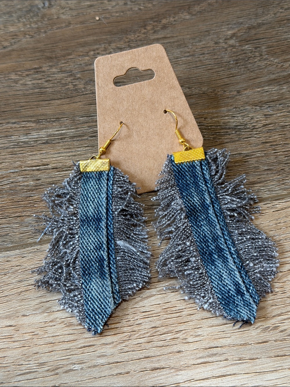 Denim Fringe Drop Earrings with Gold Accents - Blue